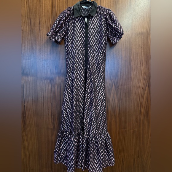 NWT Zara Black and Pink Metallic Chevron Maxi Dress - Picture 2 of 7